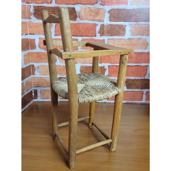 Vintage Handmade 13" Solid Oak Doll High Chair Woven Rush Seat Rustic Primitive - Picture 3 of 8